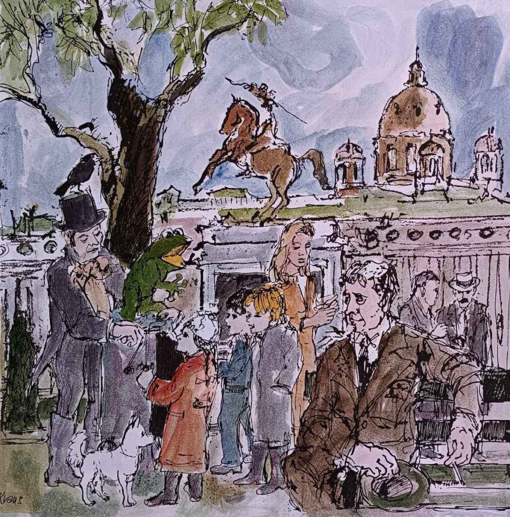 Unikatdruck handbemalt von Erich Kraus, 1981: "Bauchredner am Heldenplatz" in Wien, Städtebild - Satire / Politik Szene mit erzählerischer Tiefe.