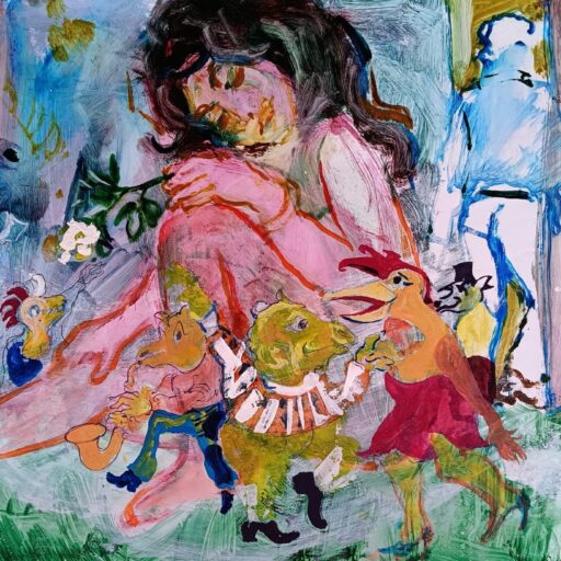 Öl auf Papier von Erich Kraus, 2005: "Die Puppenspielerin", aus dem Zyklus "Waffen der Frau" - innere Welten - Szene mit poetischer Tiefe.