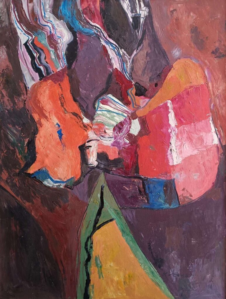 Ölbild von Erich Kraus, 1987: "Glücksgefühl" - abstrakte Szene mit erzählerischer Tiefe.