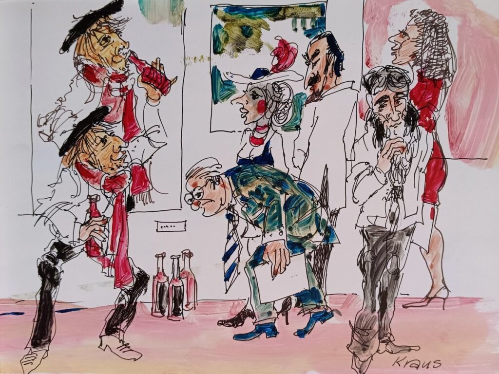 Mischtechnik auf Papier von Erich Kraus, 2006: "Selbstportrait" - Karikatur mit feinem Humor.