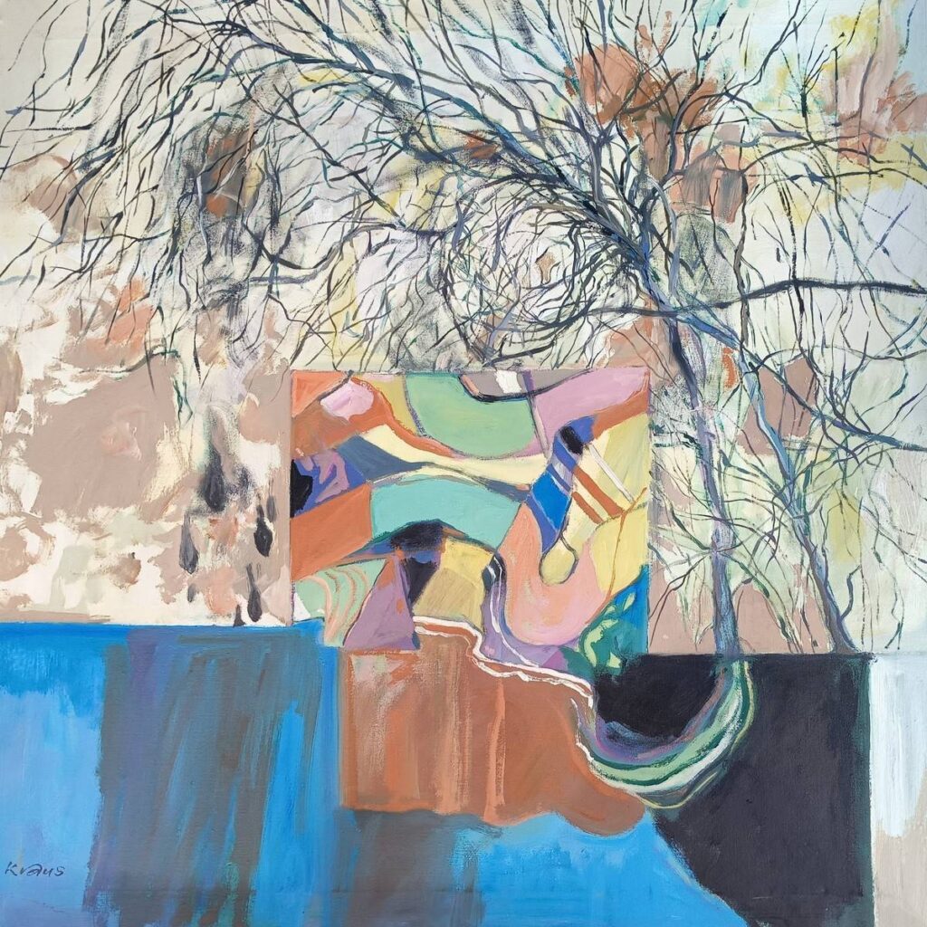 Ölbild von Erich Kraus, 1989: "Frühlingserwachen" - abstrakte Szene mit erzählerischer Tiefe.