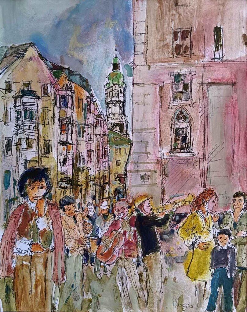Mischtechnik auf Papier von Erich Kraus, 1980: "Innsbrucker Altstadtszene" - Städtebild mit erzählerischer Tiefe.