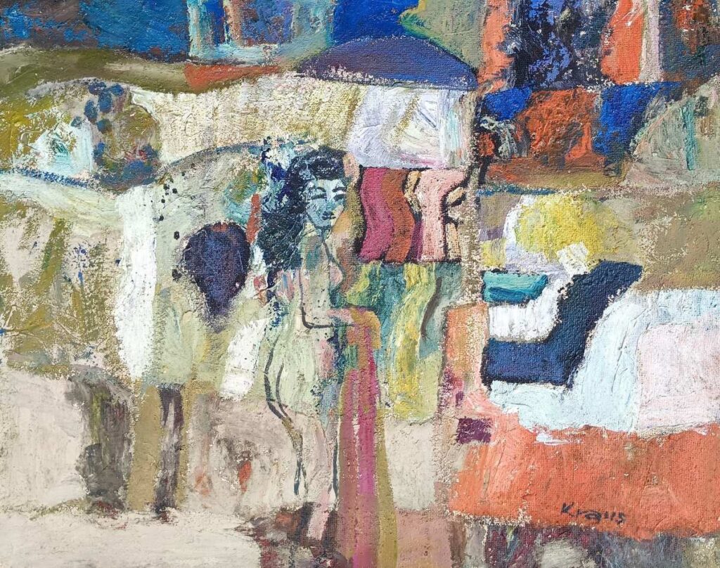 Öl auf Leinwand von Erich Kraus, 1989: "Kurzbesuch" - figürlich / poetische Szene mit erzählerischer Tiefe.