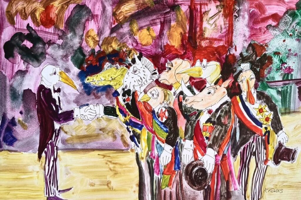 Mischtechnik auf Papier von Erich Kraus, 2000: "Neujahrsempfang" - Karikatur mit gesellschaftskritischer Tiefe.