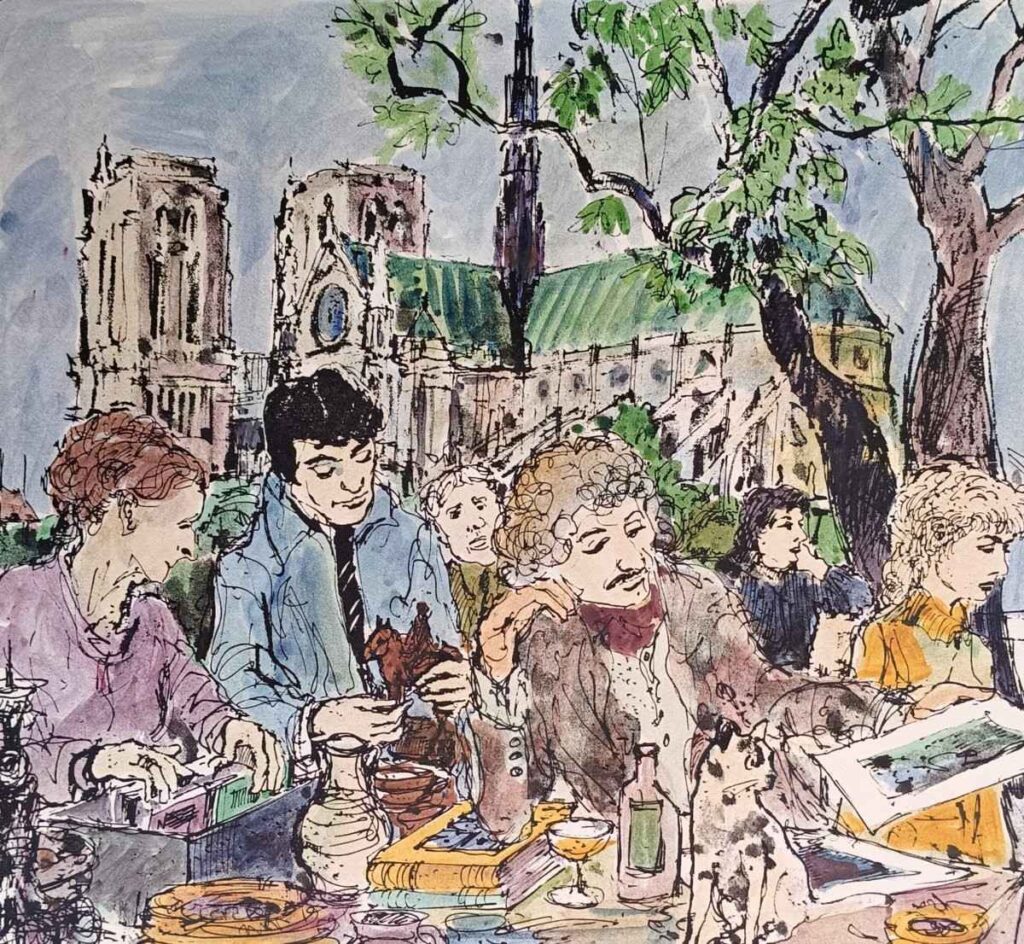 Unikatdruck von Erich Kraus, 2002: "Begegnung am Marche aux Puces" - Städtebild mit erzählerischer Tiefe.