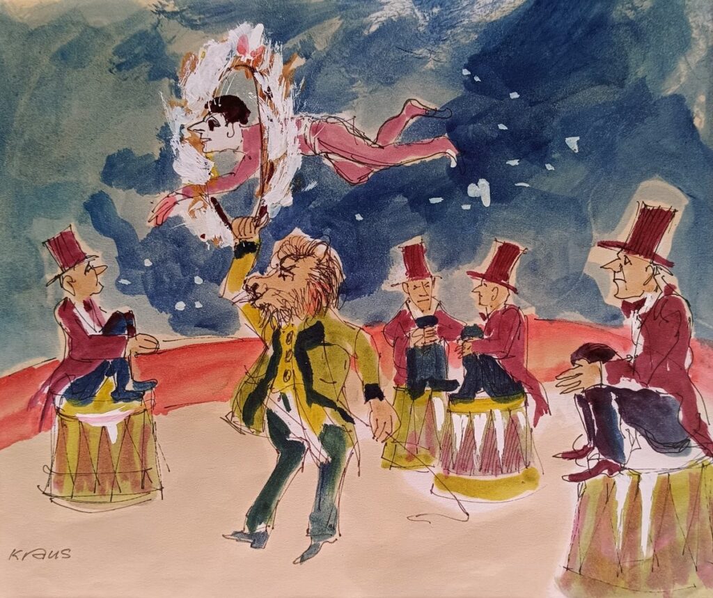 Mischtechnik auf Papier von Erich Kraus, 2001: "Vertauschte Rollen" - Karikatur mit gesellschaftskritischer Tiefe.