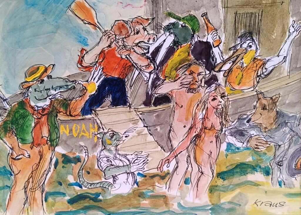 Mischtechnik von Erich Kraus, 2000: "Verweisung aus der Arche Noah" - Karikatur mit gesellschaftskritischer Szene
