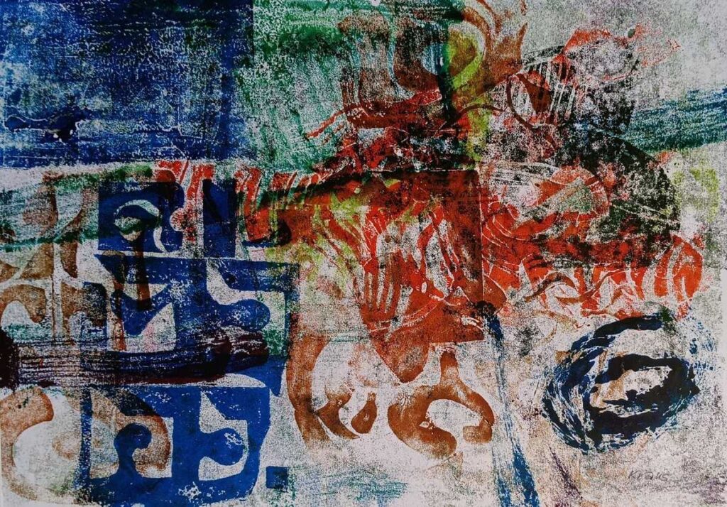 Linoldruck auf Papier von Erich Kraus, 1980: "Verwirrung" - abstrakt / innere Welten mit erzählerischer Tiefe.