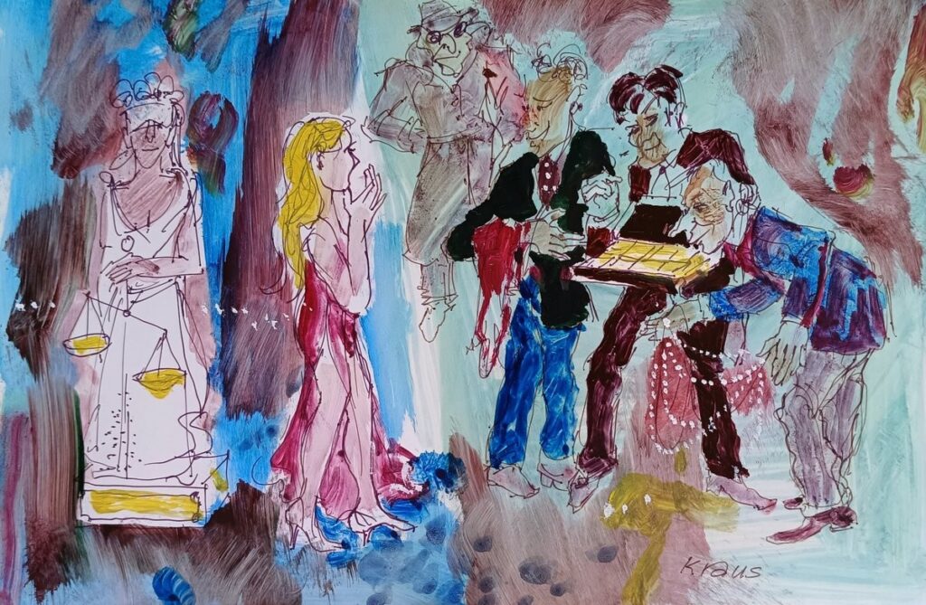 Mischtechnik auf Papier von Erich Kraus, 2001: "Versuchung der Justitia" - zyklus Expertinnen / satire, Szene mit gesellschaftskritischer Tiefe.