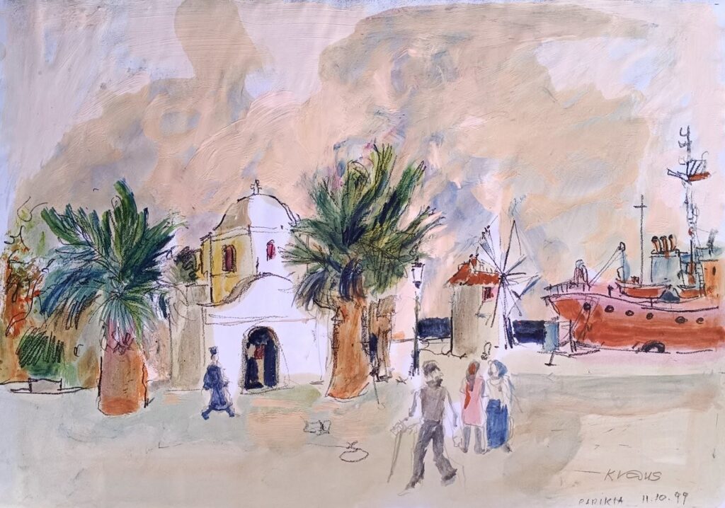 Mischtechnik auf Papier von Erich Kraus, 1999: "Parikia, Paros" - Landschaft / Reiseszene mit erzählerischer Tiefe.