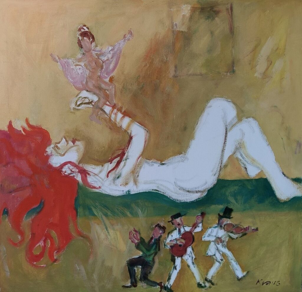 Öl auf Leinwand von Erich Kraus, 2004: "Vergebene Liebesmühe" - zyklus Waffen der Frau, Szene mit erzählerischer Tiefe.